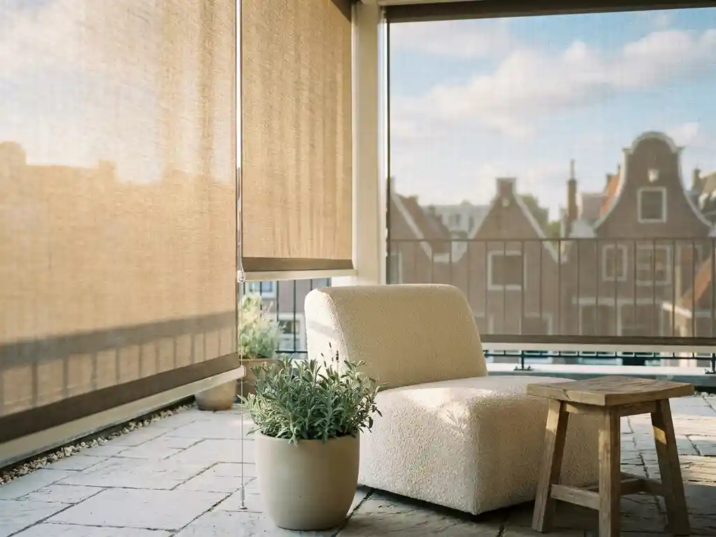 Zonnig Nederlands terras met linnen rolluiken op maat, boucléstoel en eikenhouten bijzettafel in warm middaglicht.
