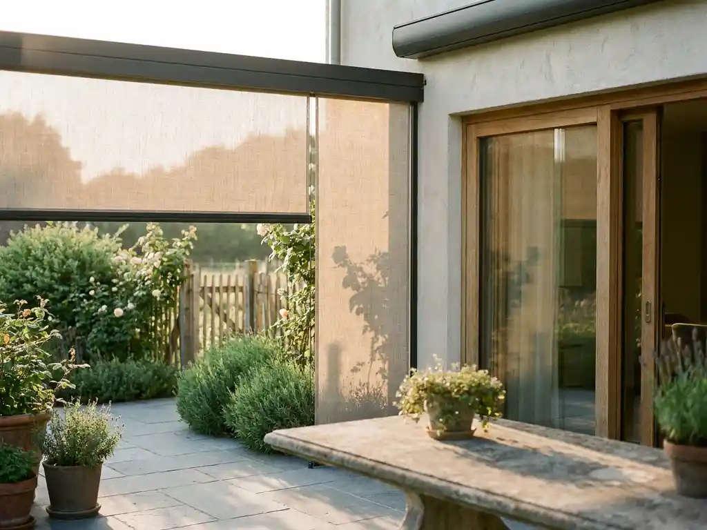 Buitenzonnescreen half uitgerold boven een terras met Belgisch hardstenen vloer, warm middaglicht door linnen doek, eiken schuifpui op achtergrond.