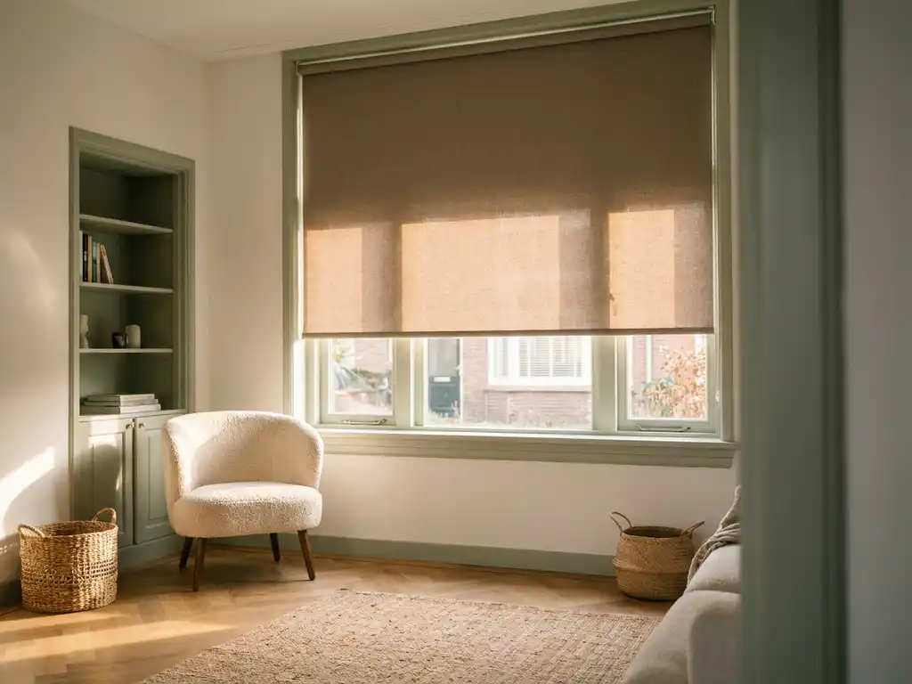 Gemotoriseerde rolgordijn van linnen stof in Nederlandse woonkamer met eikenhouten visgraatparket, bouclé fauteuil en saliegroen accent.