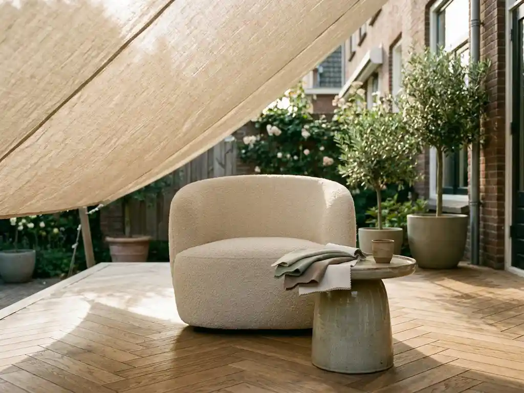 Zonnig Nederlands terras met linnen zonnescherm, boucléstoel en stofffstalen in salie, taupe en gebroken wit op keramieken bijzettafel.