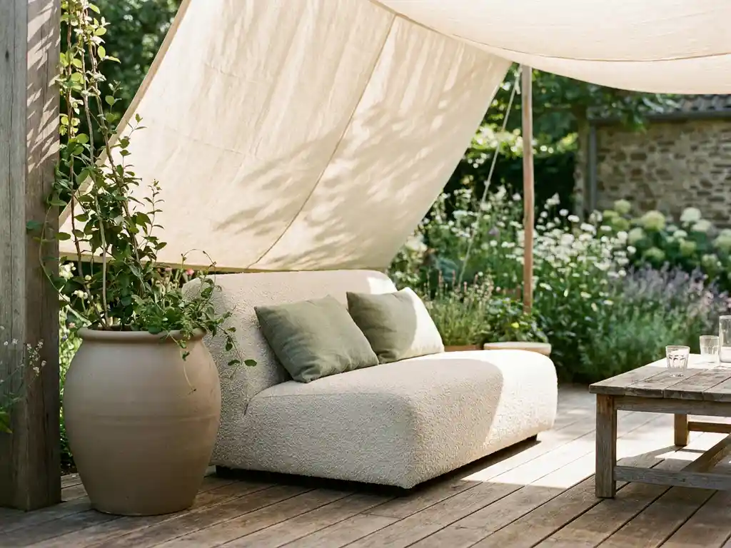 Zonnig Nederlands terras met crèmekleurig linnen zonneluifel, boucléstoel en matte keramieken pot op warm eiken vlonderplanken.