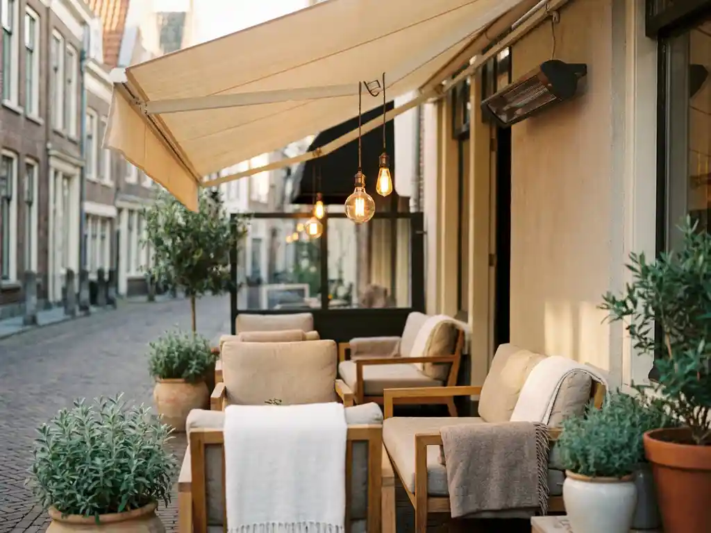 Gezellig Nederlands terras bij gouden uur met crème zonneluifel, Edison-hanglampen en salie groene plantenbakken.