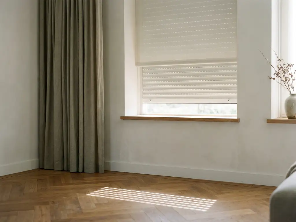 Ingebouwde rolluikkas in witte dagopening van Nederlandse woning, gedeeltelijk neergelaten rolluik met herringbone eiken vloer en linnen gordijnpaneel.