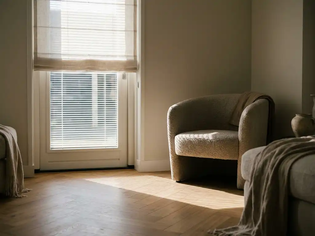 Linnen rolgordijn filtert middagzon in Dutch interieur met eiken visgraatparket, boucléfauteuil en gestreepte schaduwen van buiten.