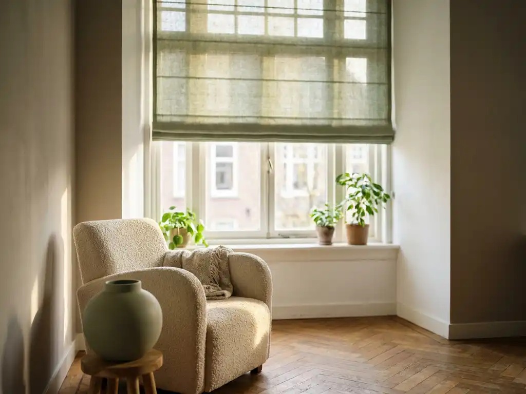 Linnen rolgordijn halfopen voor zonnig raam in Dutch interieur met visgraatparket, boucléfauteuil en matte keramieken vaas op de voorgrond.