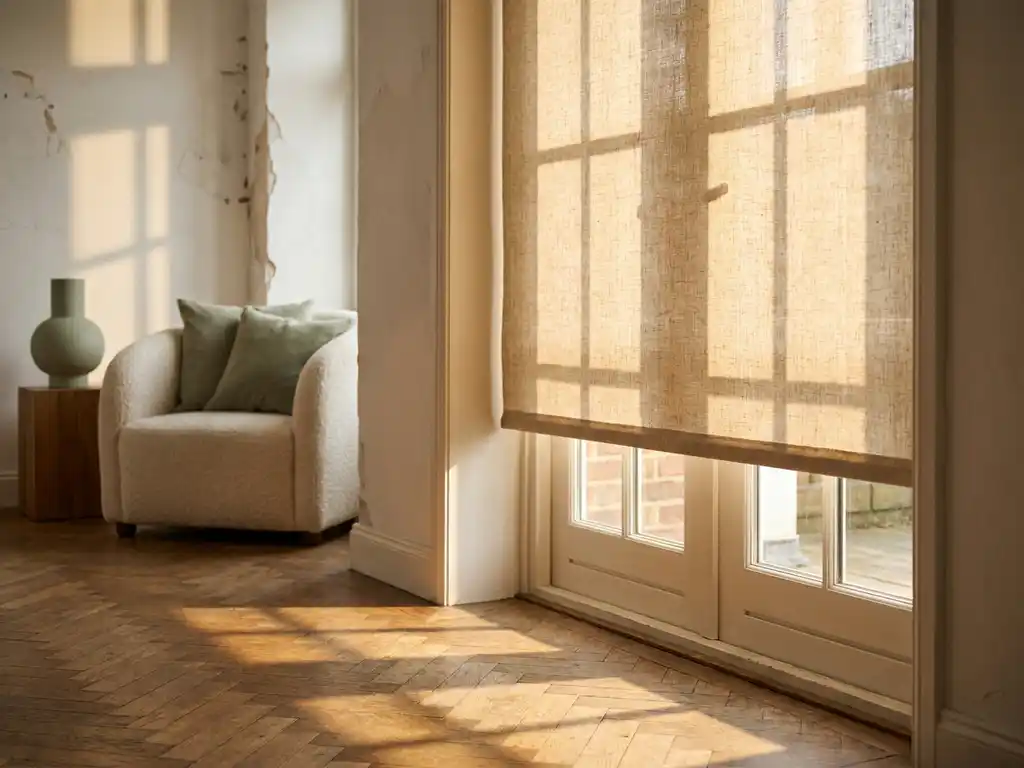 Linnen rolgordijn half uitgerold voor een zonnige terrasdeur, warme middagzon filtert door stof op visgraateikenhouten vloer.
