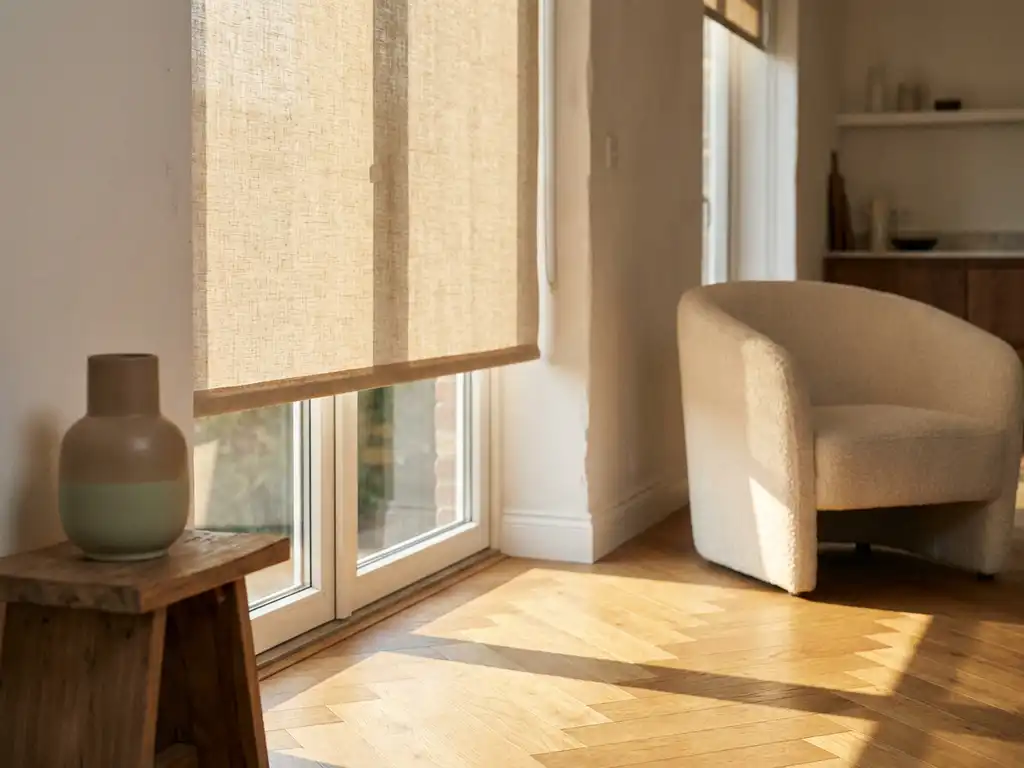 Linnen rolgordijn half neergelaten voor een west raam met warme middaglichtval op een visgraateikenhouten vloer en boucléfauteuil.