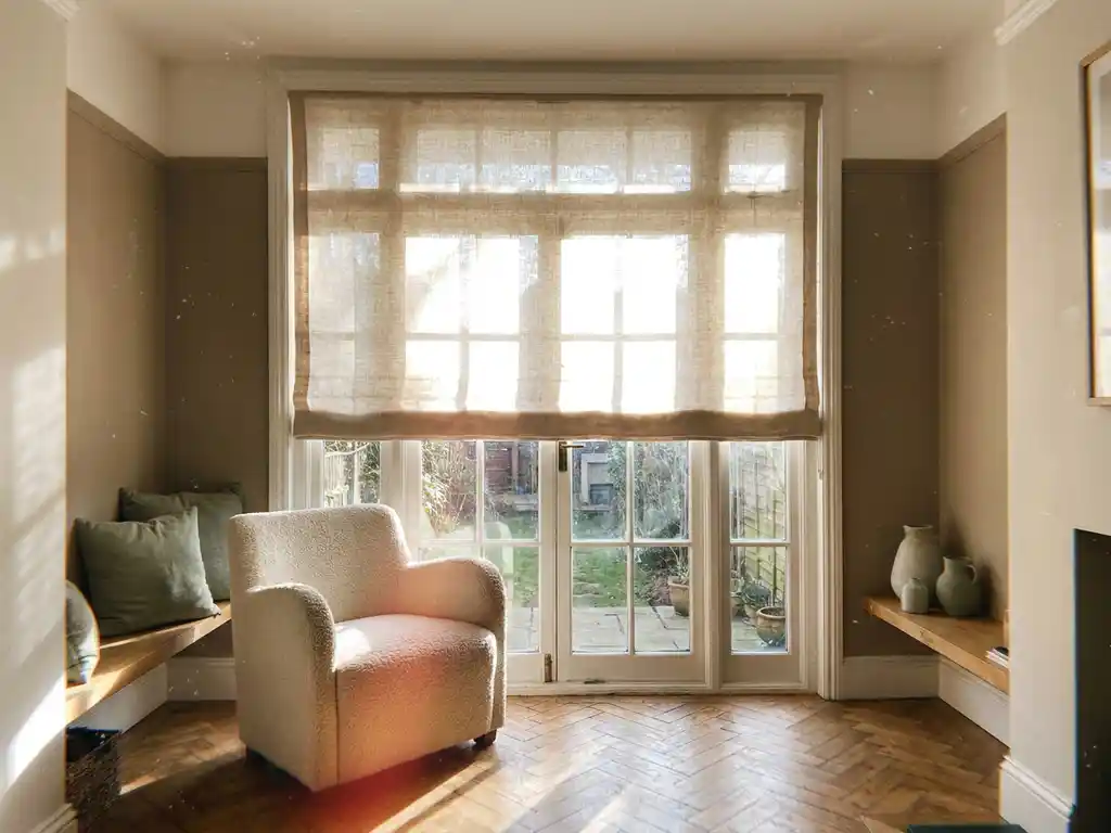 Halfneergelaten linnen rolgordijn in een Dutch interior met boeclé fauteuil en visgraateikenhouten vloer in warm taupe en saliegroen.