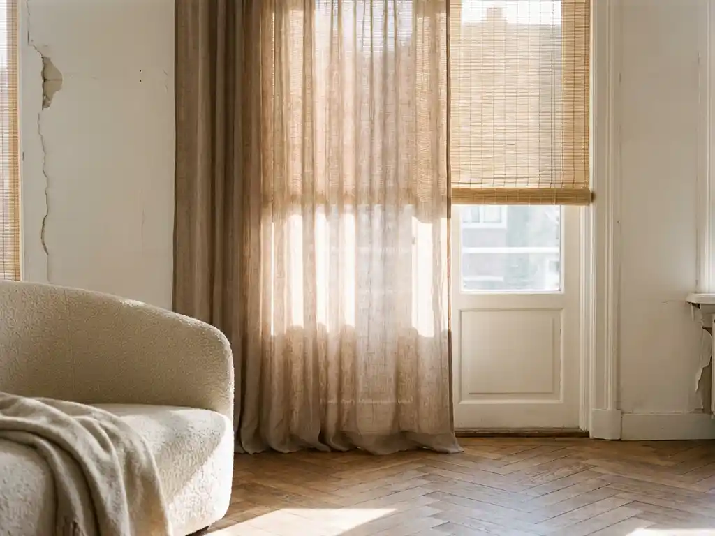 Sheers linnen gordijnpaneel filtert warm middaglicht naast een geweven rolgordijn in een Nederlandse woonkamer met visgraatparket.