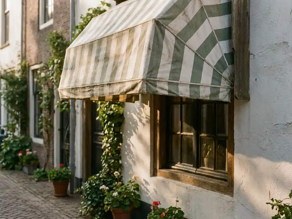 Verweerde linnen zonneluifel boven een eiken raamkozijn van een Nederlands huis, met klimplanten tegen een witgekalkte gevel in middaglicht.