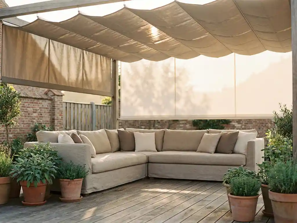 Uitgeschoven pergola-overkapping boven Nederlands terras met linnen loungeset, eiken vlonderplanken en saliegroen potplanten in gouduur licht.