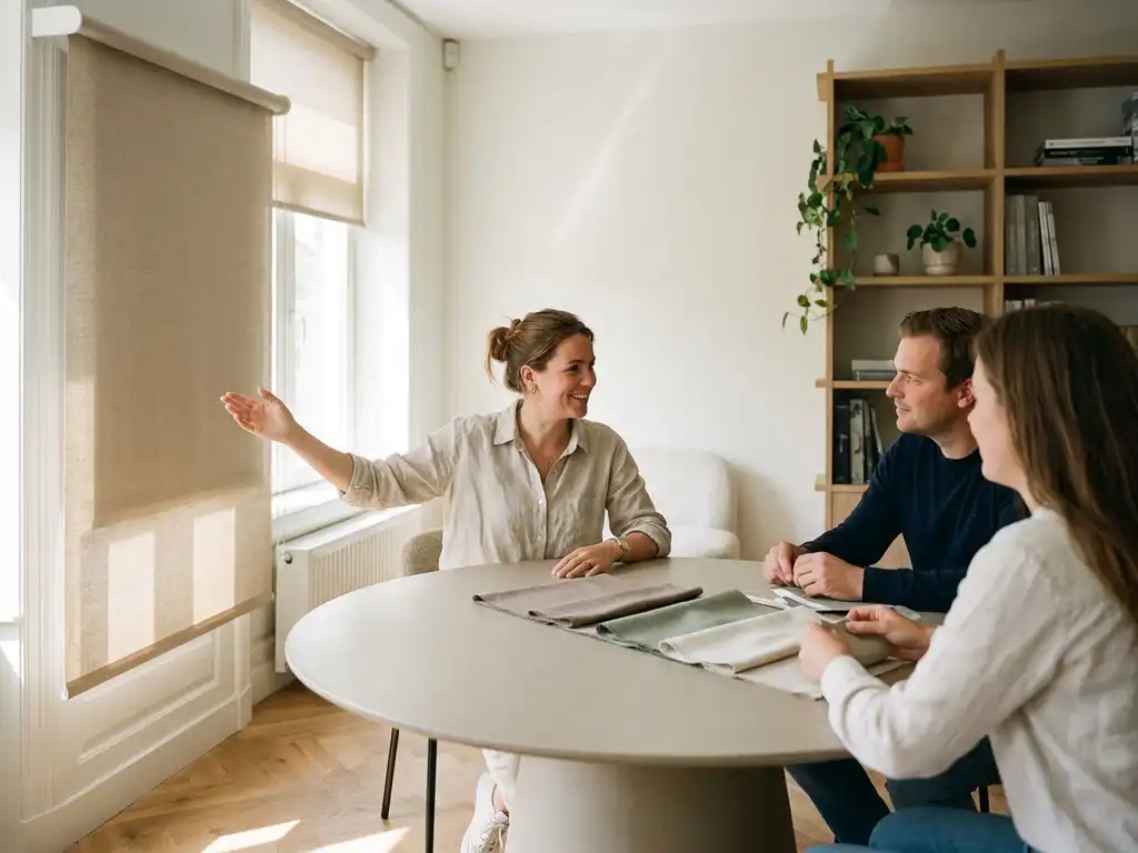 Interieuradviseur toont linnen rolgordijn stalen naast visgraat eikenvloer in Nederlands woonwinkel, stoffen in taupe en saliegroen op keramische tafel.