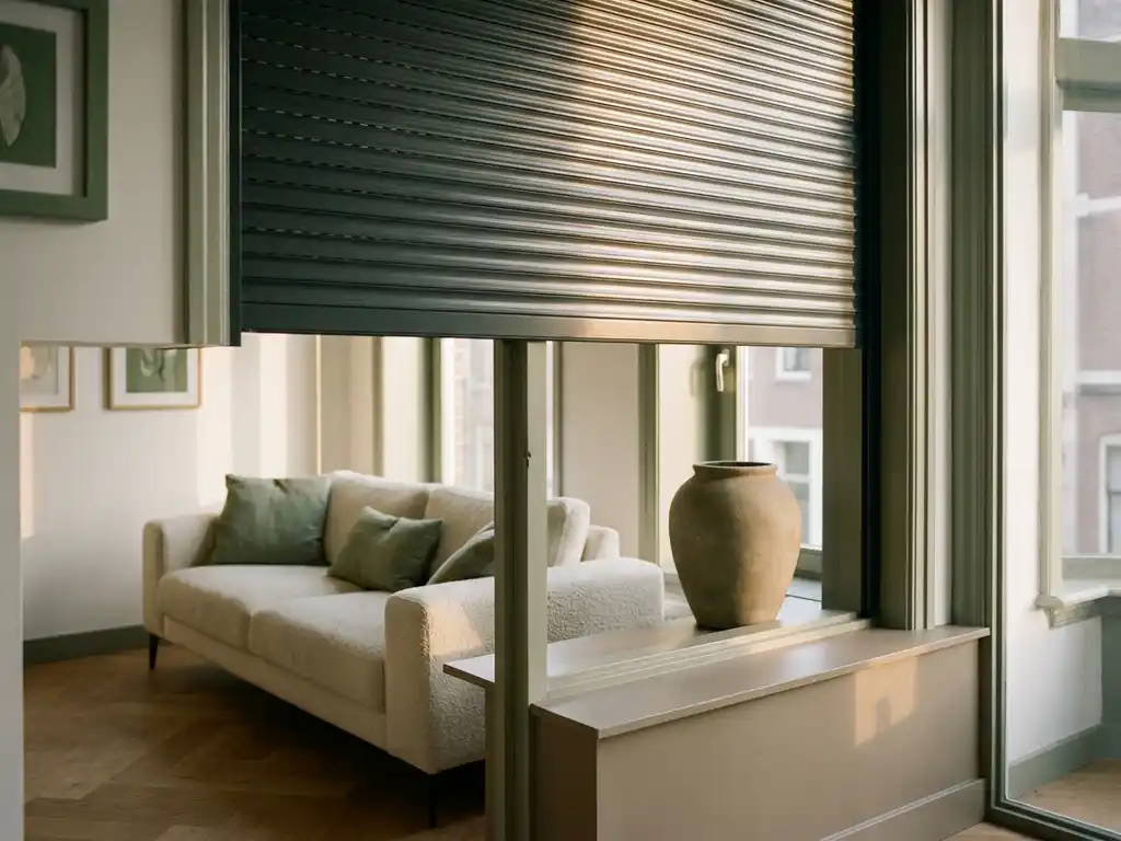 Rolluik half neergelaten voor hoog appartementvenster met visgraatparket, bouclé bank en keramische vaas op taupe vensterbank.