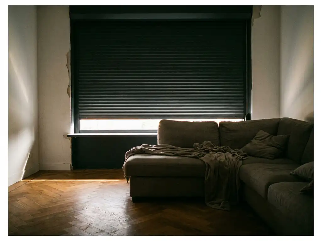 Gesloten rolluik dat warm daglicht blokkeert in Nederlandse woonkamer met linnen bank en eiken visgraatparket.