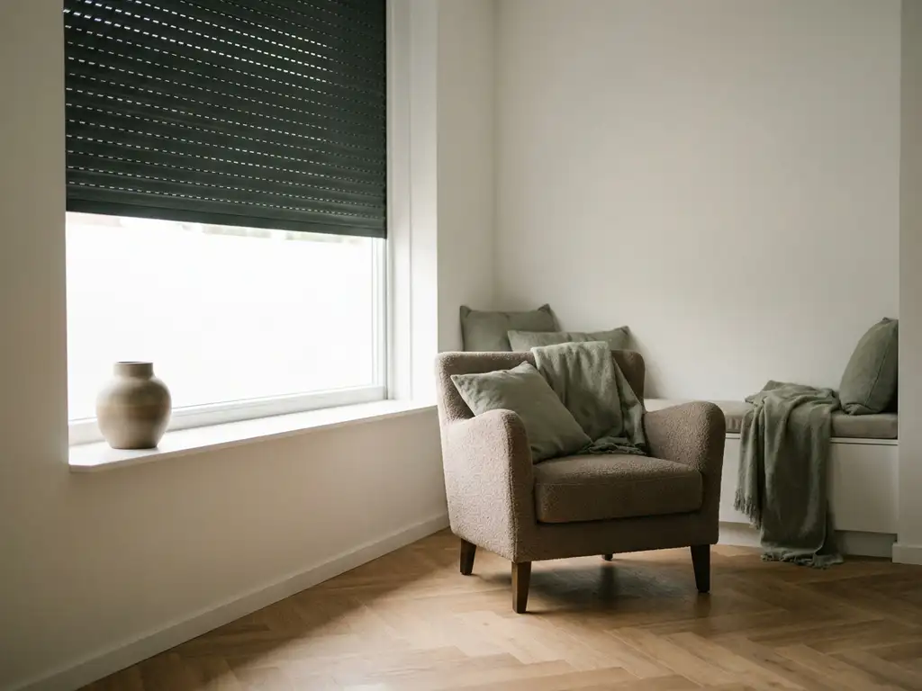Rolluik halfopen op groot raam in Hollands interieur met visgraatparket, linnen fauteuil en mat keramische vaas op de vensterbank.