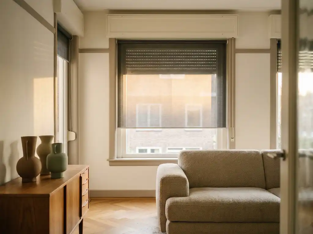 Interieur rolgordijn halfopen op groot raam in Nederlandse woonkamer met eiken visgraatvloer, linnen bank en keramische vazen.