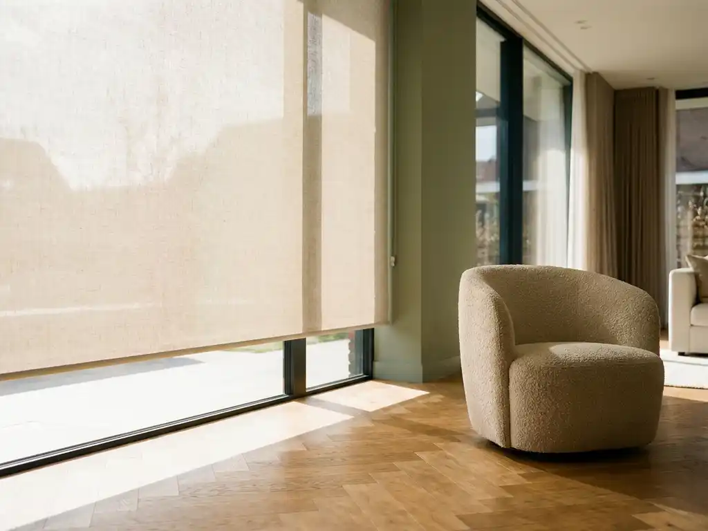 Linnen rolgordijn gedeeltelijk neergelaten voor vloer-tot-plafond ramen, zacht daglicht filtert door stof op visgraateikenhouten vloer, bouclé fauteuil op voorgrond.