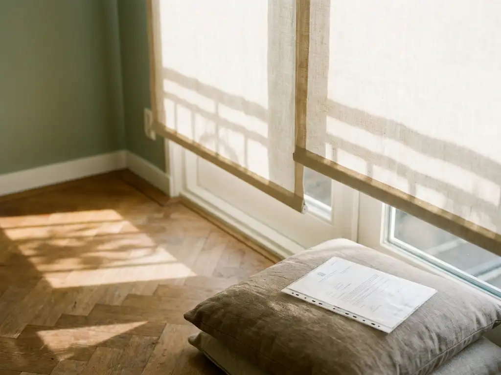 Linnen rolgordijn halfopen op zonnig Nederlands appartementvenster, warm middaglicht door stof op visgraateikenhouten vloer, vergunningsdocument op taupe kussen.