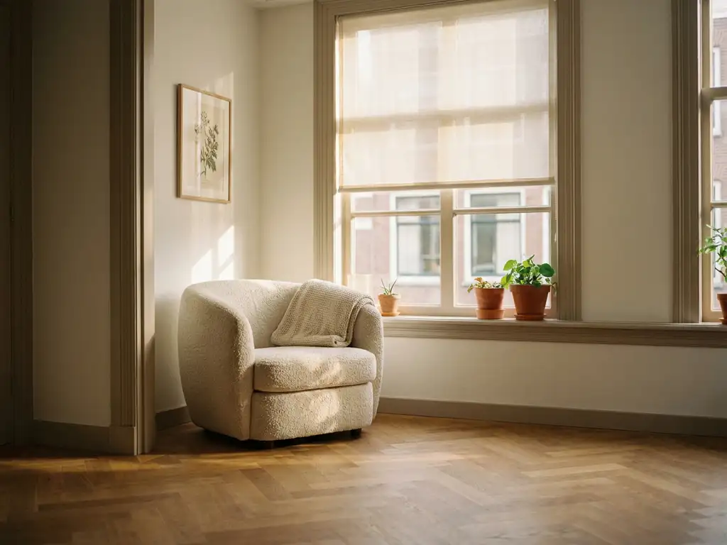 Doorzichtig rolgordijn in Nederlandse woonkamer filtert middagzon op visgraateikenhouten vloer, linnen bouclé fauteuil op de achtergrond.