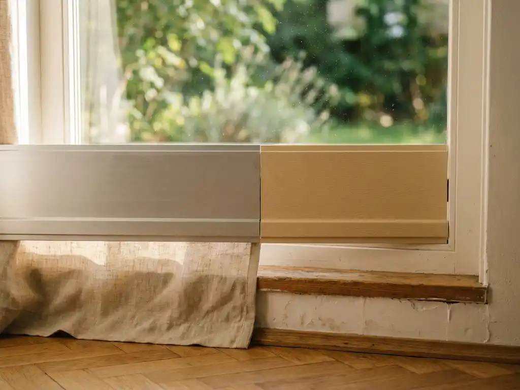 Vergelijking van matte aluminium en PVC rolluiklamellen bij een Nederlands raam met eiken visgraatparket en linnen gordijn.