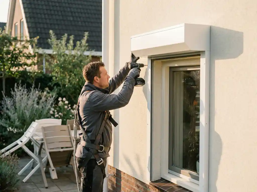 Installateur monteert witte rolluik op gevel van Nederlandse woning tijdens gouden uur met groene tuin op achtergrond.