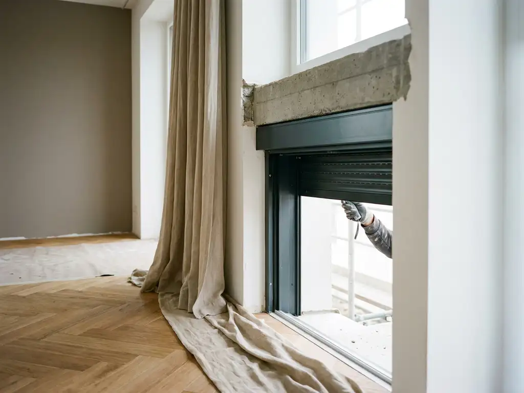 Rolluik in plaatsing bij nieuwbouwraam met betonnen latei, eikenhouten visgraatparket en linnen gordijn in warme, natuurlijke sfeer.
