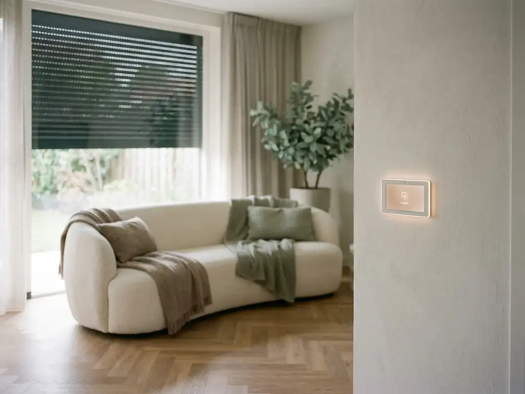 Elektrische rolluik sluit soepel voor een groot raam in een Nederlandse woonkamer met eikenhouten visgraatparket en bouclé bank.