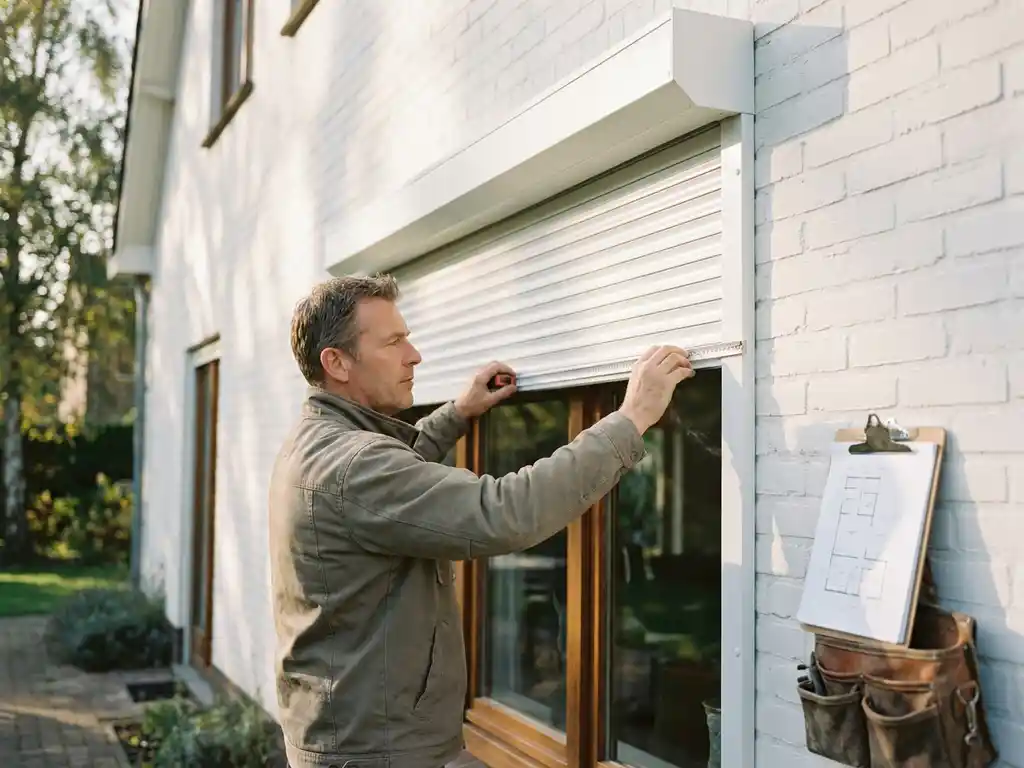 Zonweringspecialist meet een witte rolluik op een Nederlandse gevel met houten kozijnen en een klembord met architectuurtekeningen ernaast.