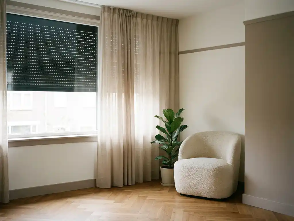 Rolluik bij een Nederlands woonkamerraam met linnen gordijnen, visgraatvloer in eiken en een boucléfauteuil in warm ochtendlicht.