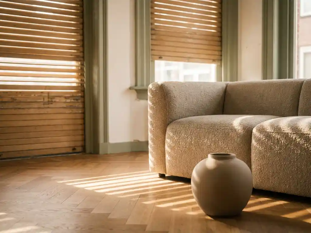 Halfgesloten rolluik filtert warm zomerlicht in Nederlandse woonkamer met visgraatvloer, linnen bank en matte keramische vaas.