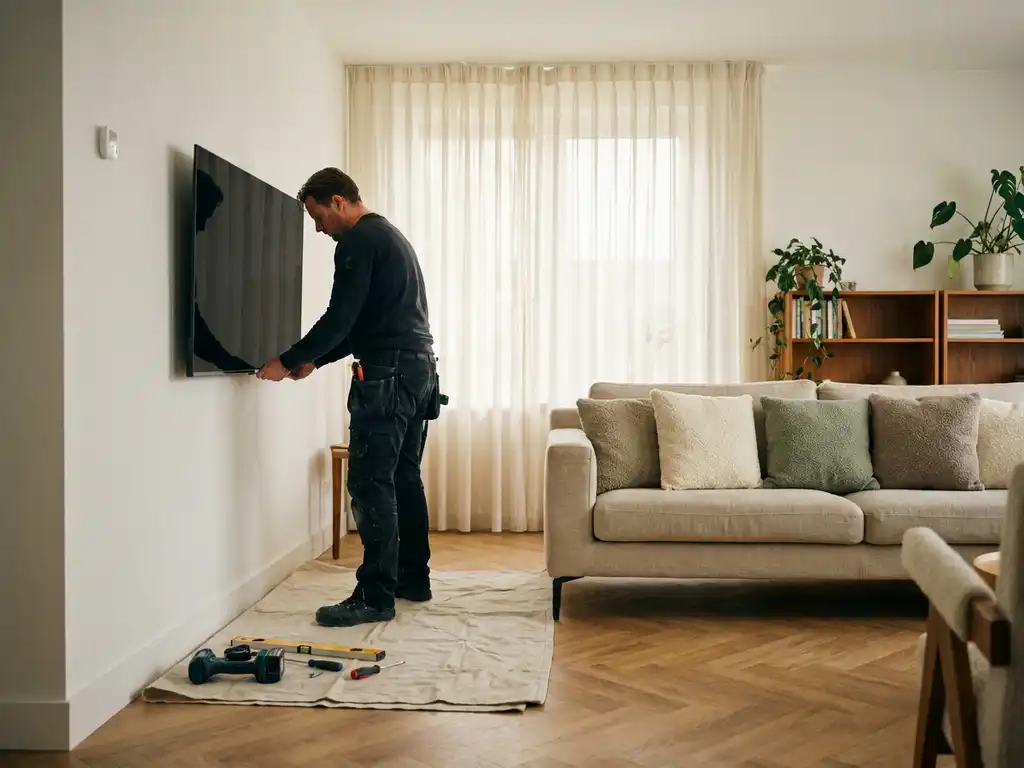 Installateur monteert flatscreen tv aan witte muur in Nederlandse woonkamer met visgraatparket en linnen bank op de achtergrond.
