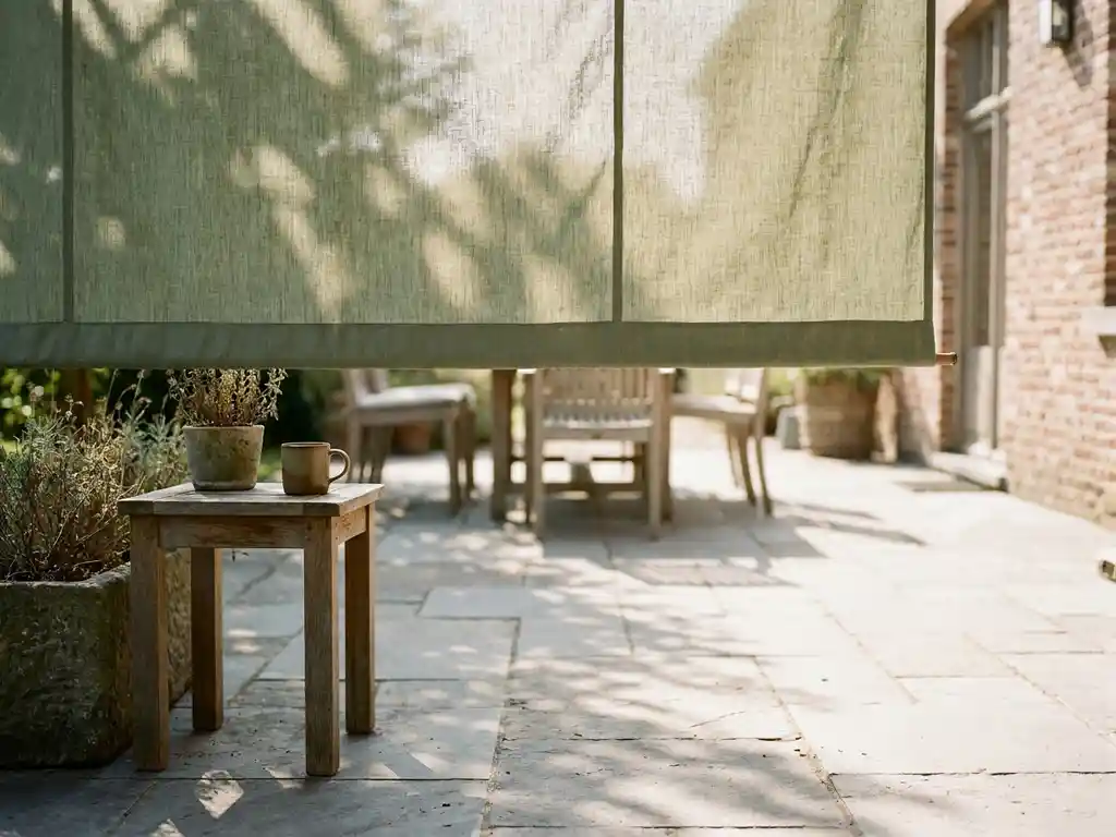 Saliegroen linnen luifel boven een zonnig Hollands terras met Belgisch hardsteen, verweerde eiken tafeltje en keramische mok in middaglicht.