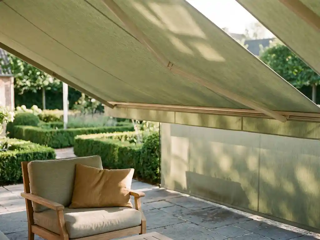 Uitgerold terrasscherm boven Belgisch hardsteen patio met teakhouten ligstoel en linnen kussens in middaglicht.