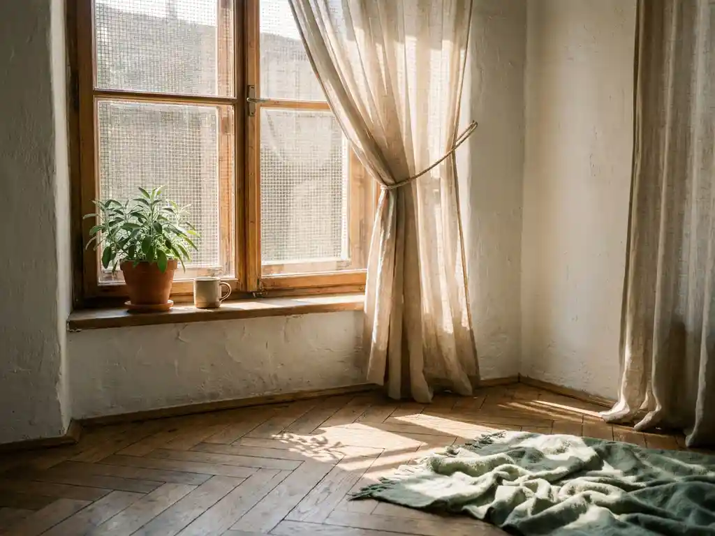 Fijn insectengaas in wit houten raamkozijn met linnen gordijnen, warm middaglicht werpt schaduwpatronen op visgraateikenhouten vloer.