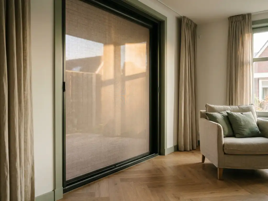 Zipscreen gemonteerd in modern Nederlands interieur met geweven stof, eikenhouten visgraatparket en salie groene accenten.