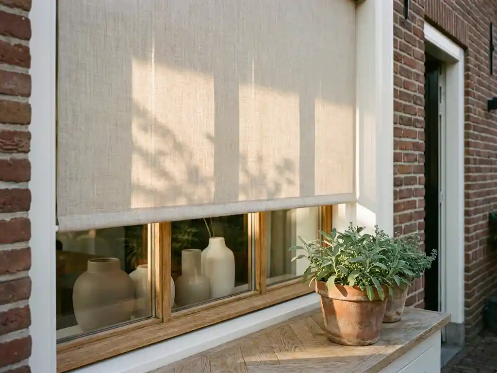 Linnen zonnescherm half uitgerold over houten raamkozijn van Nederlands huis, terracottapot met saliegroen, gouden-uurlicht.