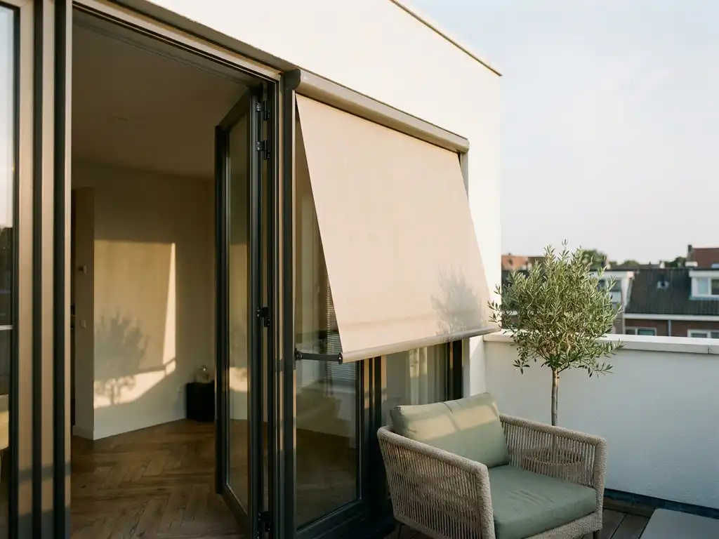 Uitgerold zonnescherm op balkon van modern Nederlands appartement, linnen doek werpt warme schaduw op eikenhouten visgraatparket.