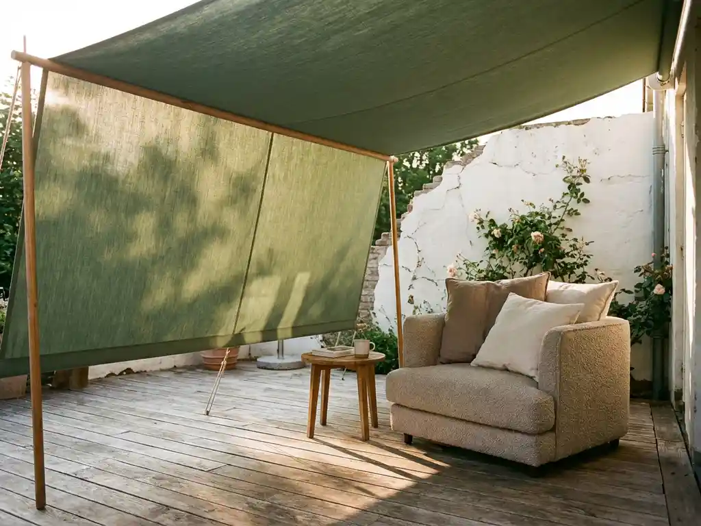 Uitgeschoven zonwering in saliegroen canvas boven een zonnig terras met visgraatdeck en boucléstoel met linnen kussens.
