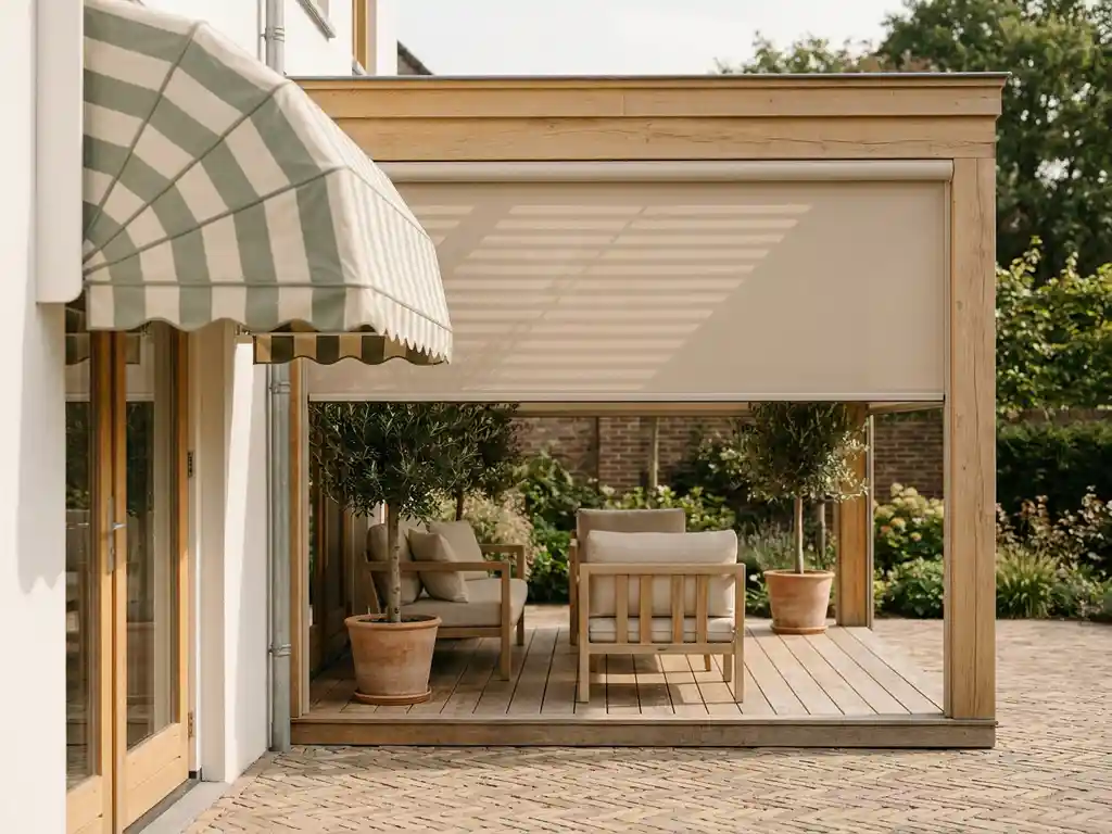 Hollands terras met zonneluifel en uitvalscherm boven eiken veranda, linnen tinten, saliegroen en visgraatpatroon natuursteen.