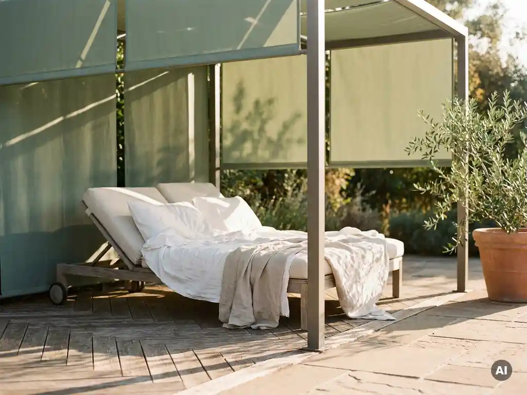 Linnen ligstoel onder pergola met intrekbaar zonnescherm, gefilterd middaglicht op eiken visgraatdek met terracotta pot en olijftak.