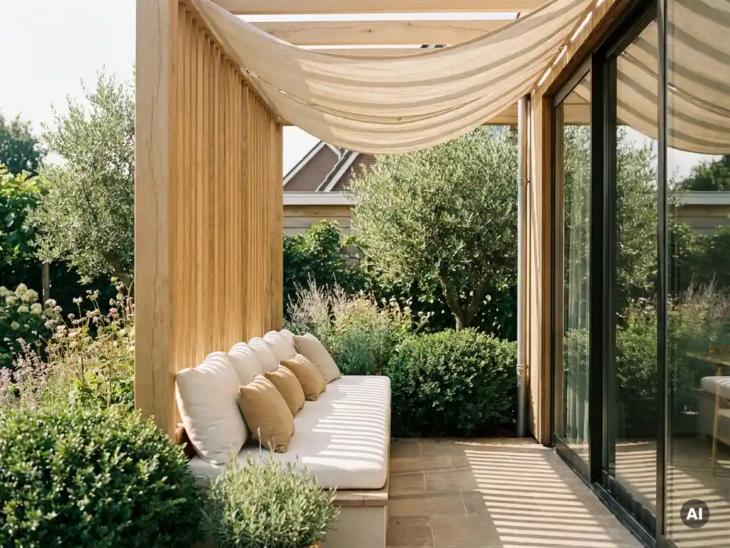 Zonnig tuinterras met houten pergola, linnen kussens in gebroken wit en zandtinten, glazen veranda en saliegroen gebladerte in middaglicht.