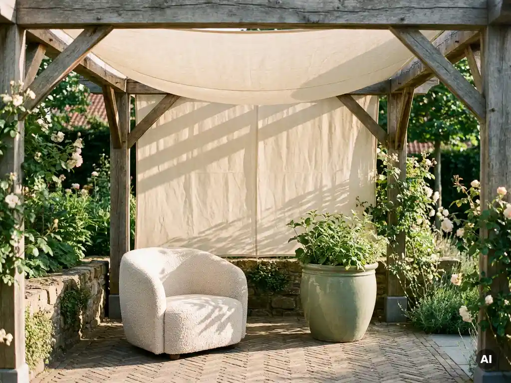 Zonnig Nederlands tuinterras met linnen pergola over eiken balken, boucléstoel en keramische pot op visgraatbestrating.