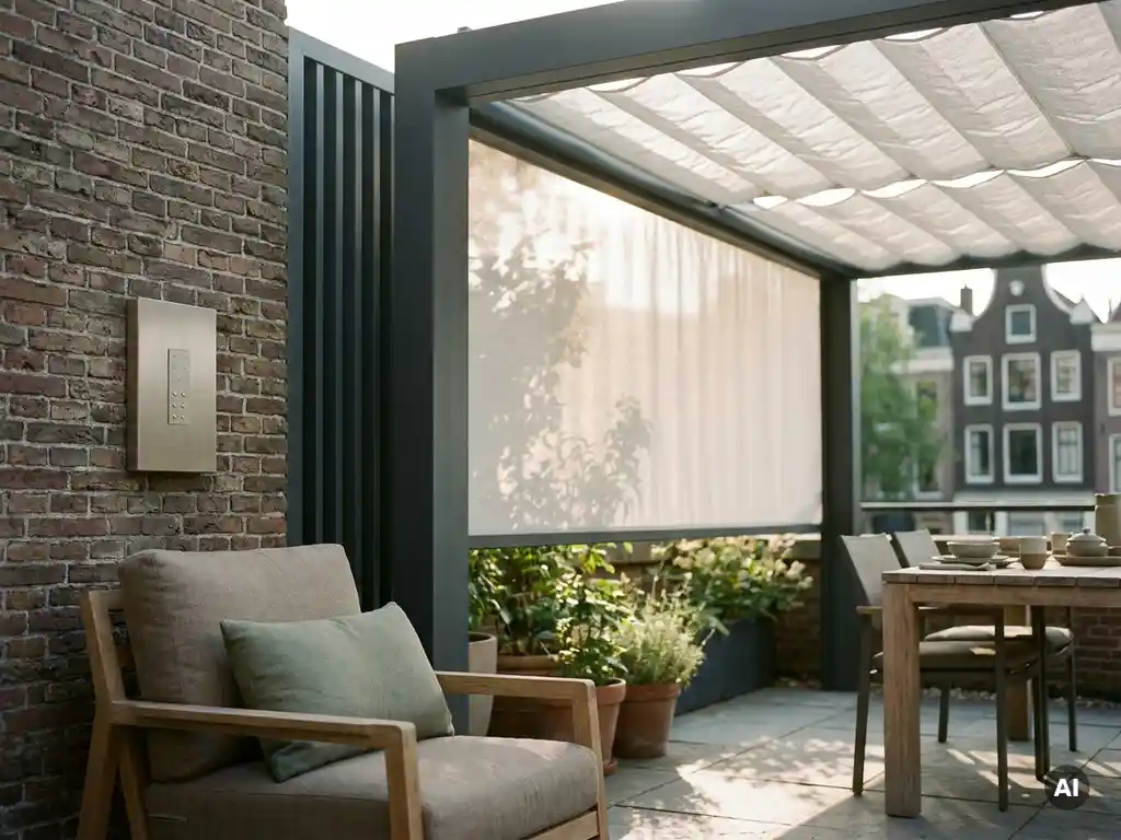 Gemotoriseerde pergola met uitschuifbaar linnen zonnescherm boven Nederlands terras, wandbediening en eiken loungestoel in warm middaglicht.