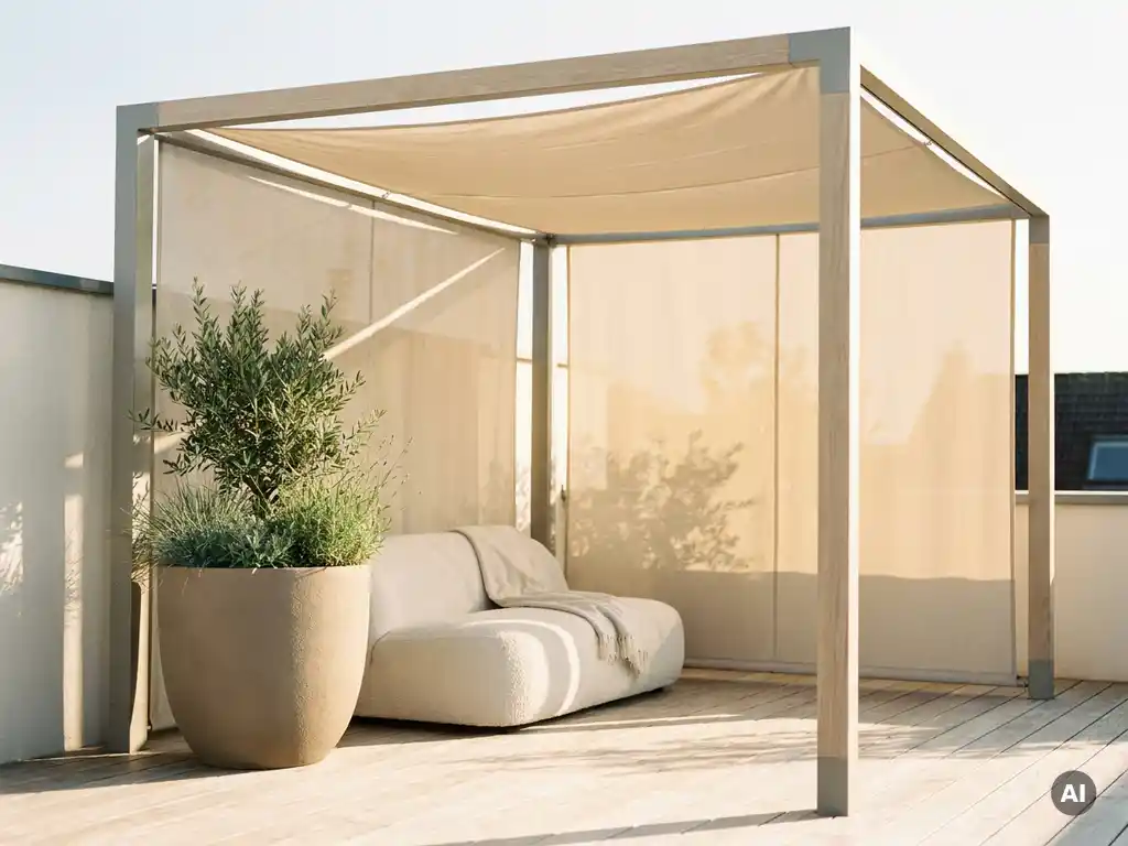 Moderne pergola met linnen zonnedoek op een Nederlands dakterras, met bouclé loungestoel, keramieken plantenbak en licht eiken vlonderplanken.