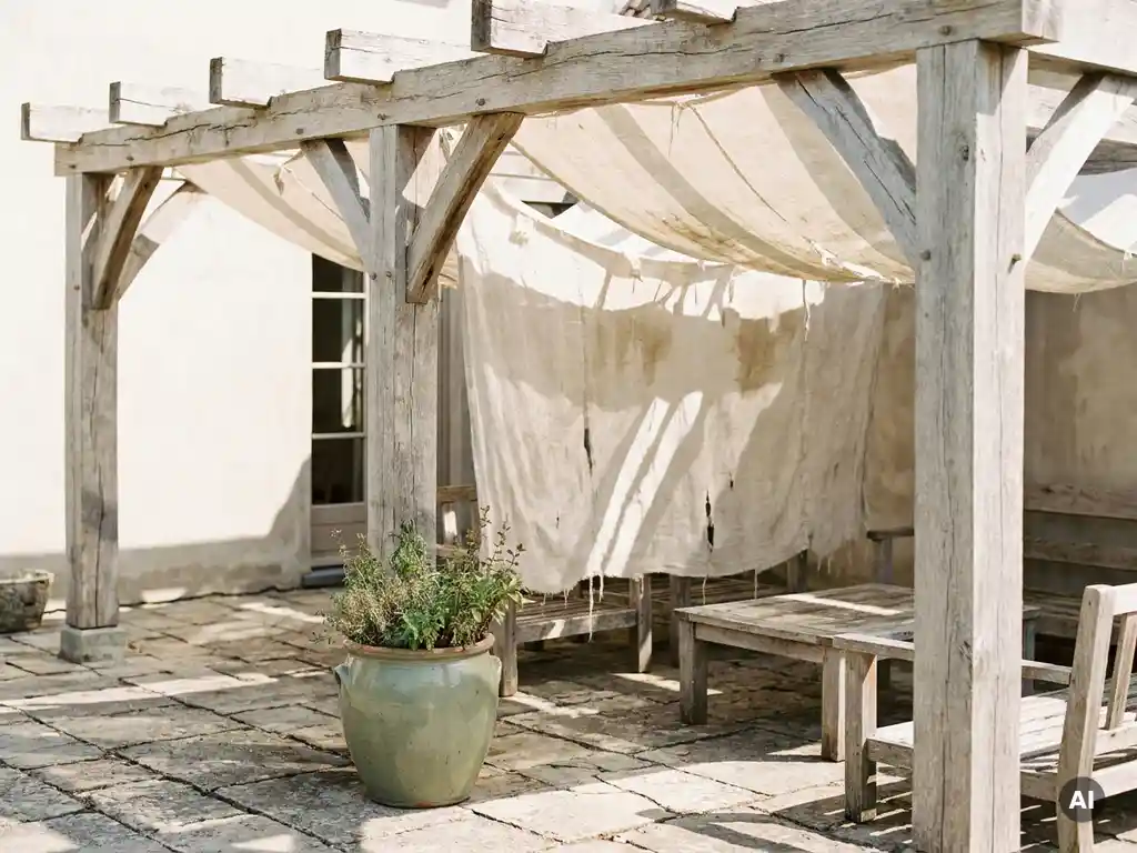 Verouderd pergola met linnen zonnedoek dat gefilterd middaglicht werpt op een Nederlands terras, met verweerde eiken balken en salie-groene keramische pot.