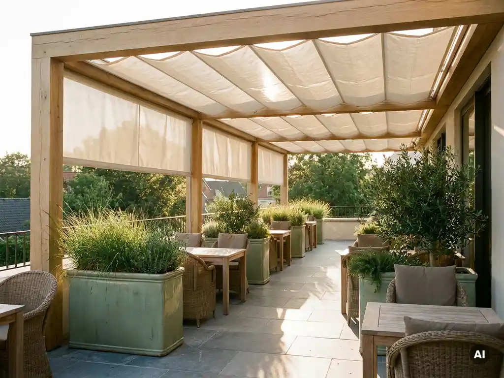 Moderne pergola met uitschuifbaar linnen zonnescherm op een commercieel terras, eiken accenten en salie groene plantenbakken op Belgisch hardsteen.