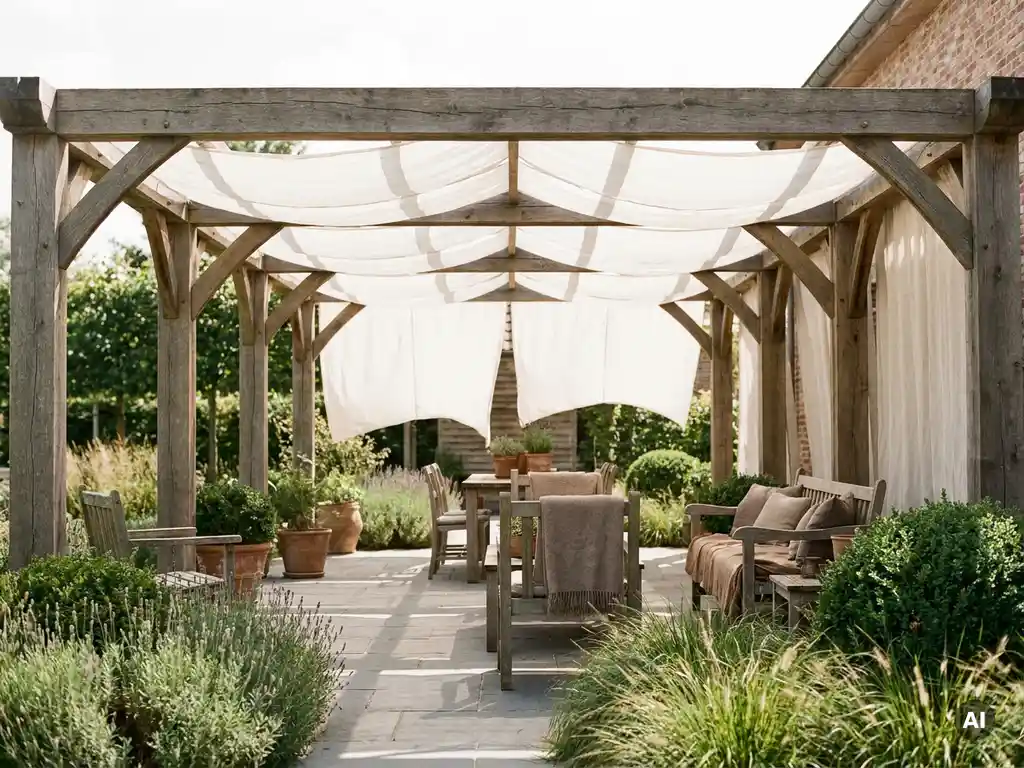 Brede pergola met uitgeschoven linnen zonnedoek boven Hollands terras van Belgisch hardsteen, omgeven door saliegroen tuingroen.