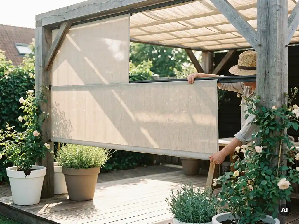 Persoon plaatst een linnen zonnepaneel in de montagegoot van een pergola op een houten terras, omringd door salie groen gebladerte.