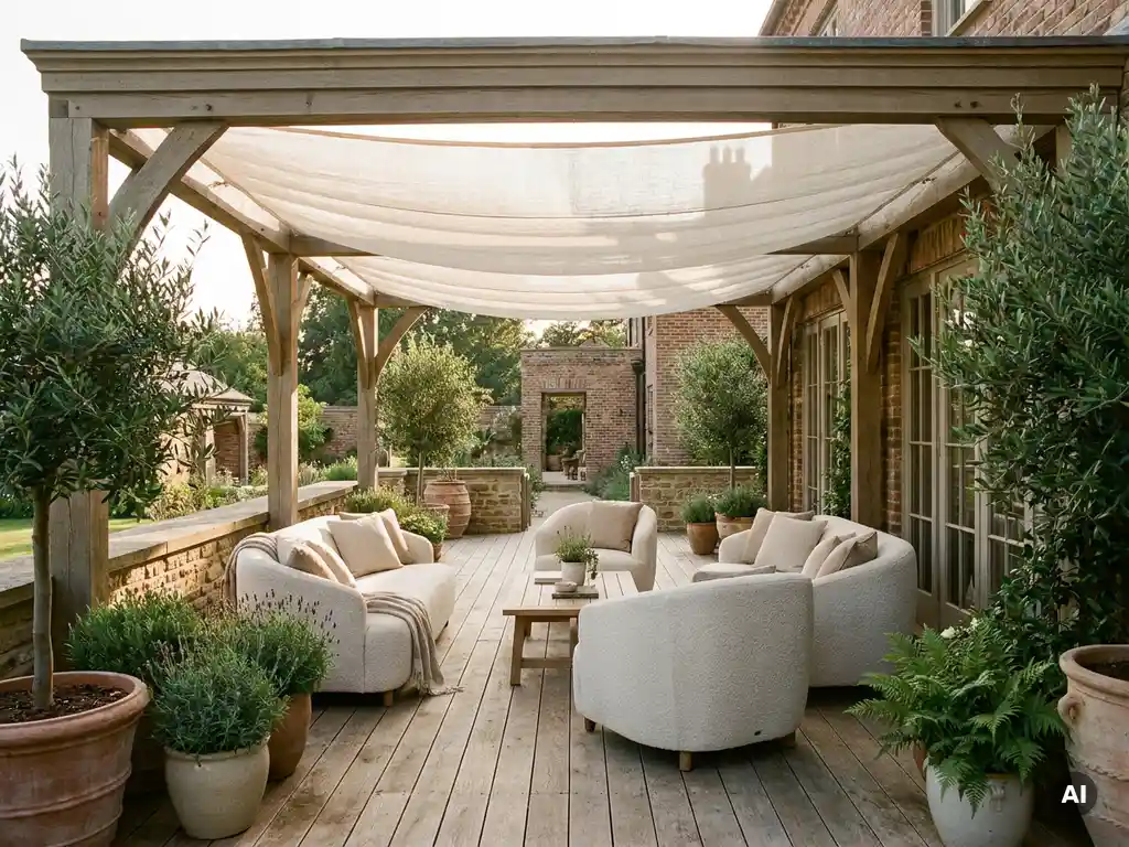 Luxe pergola met uitschuifbaar zonnezeil boven een Nederlands terras met eiken vlonder, linnen kussens en salie groene planten in gouden middaglicht.