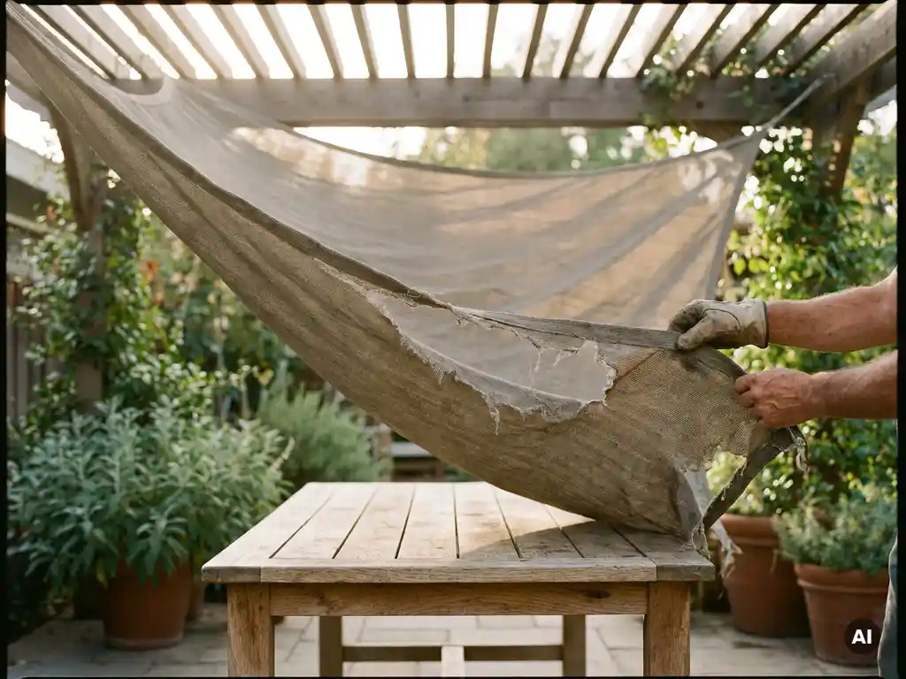 Versleten pergola schaduwdoek met rafelige naden op eikenhouten tuintafel, vakkundige handen onderzoeken de scheur in zacht middaglight.